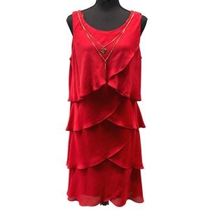 SLNY Tiered Ruffle Dress Women's 14 Red Sleeveless Chiffon Party Cocktail